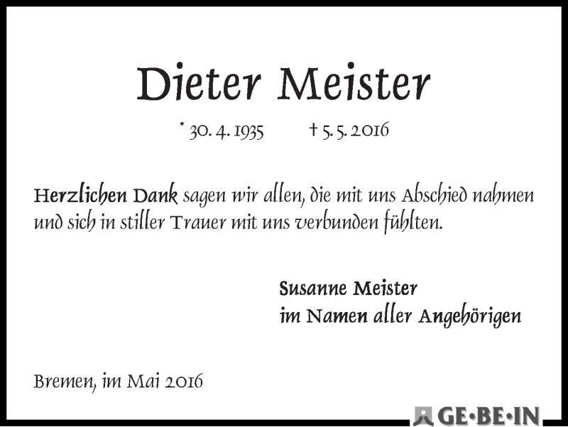 Traueranzeige von Dieter Meister von WESER-KURIER