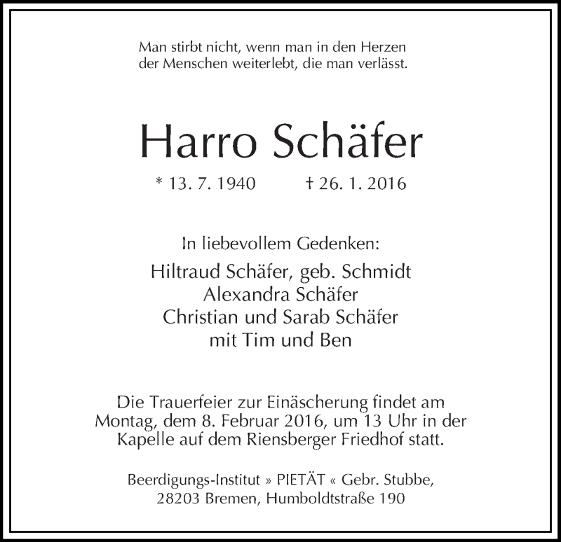 Traueranzeige von Harro Schäfer von WESER-KURIER
