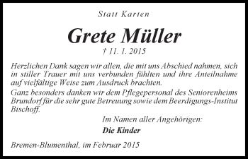 Traueranzeige von Grete Müller