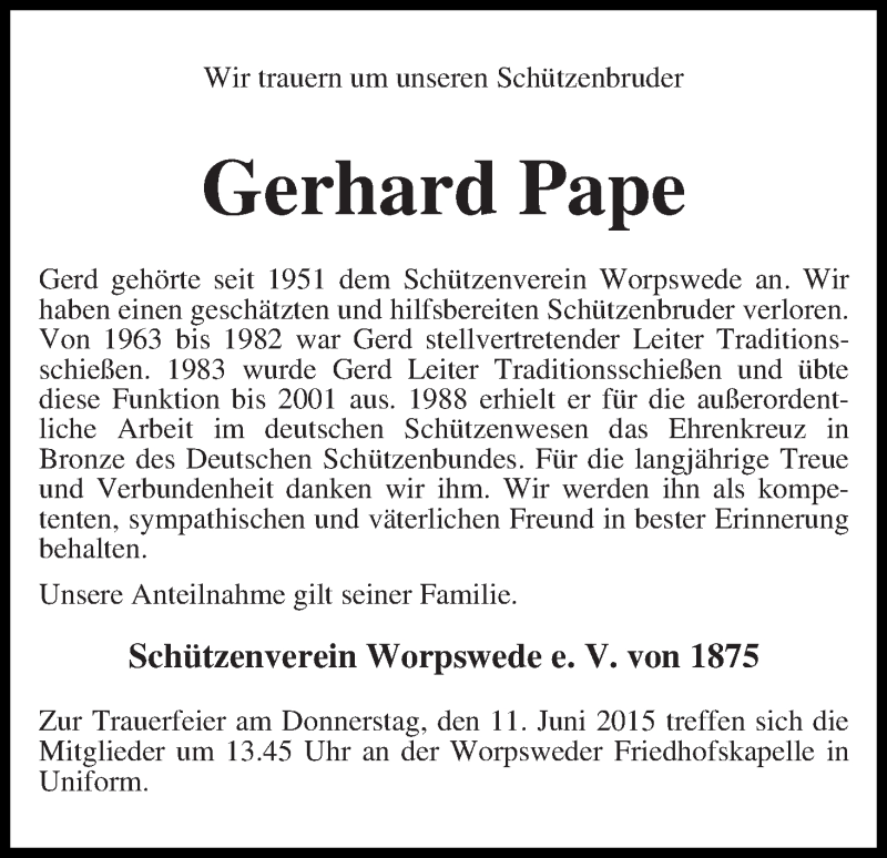 Traueranzeige von Gerhard Pape von Wuemme Zeitung