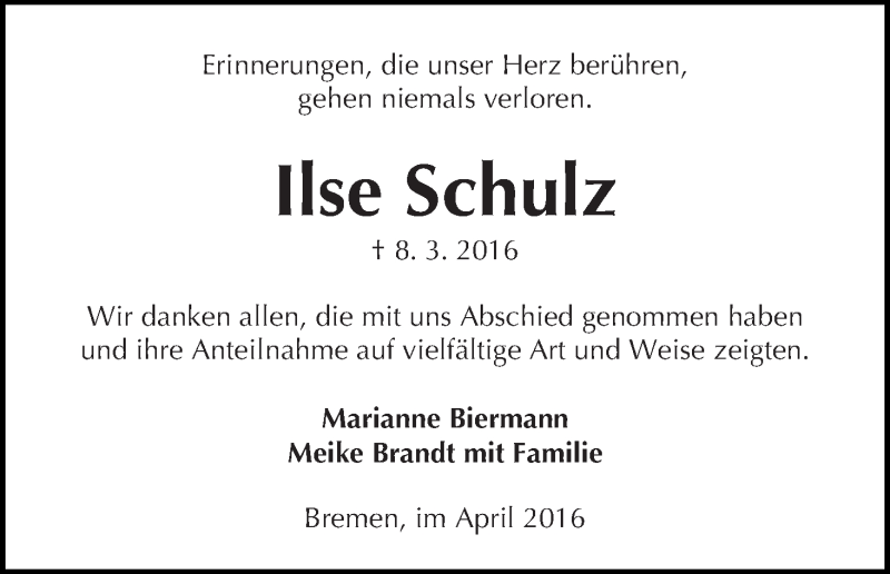 Traueranzeige von Ilse Schulz von WESER-KURIER