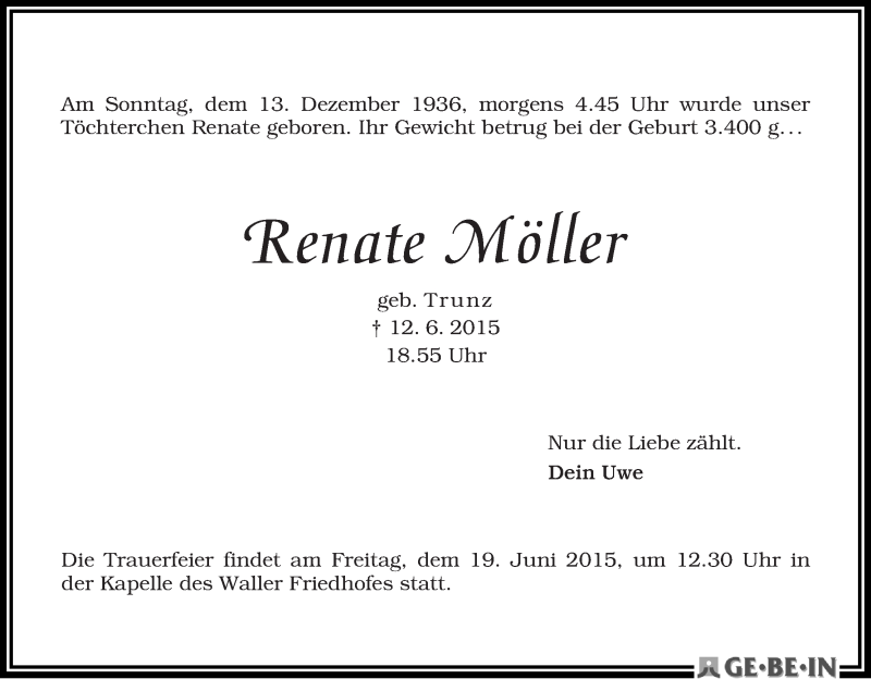 Traueranzeige von Renate Möller von WESER-KURIER