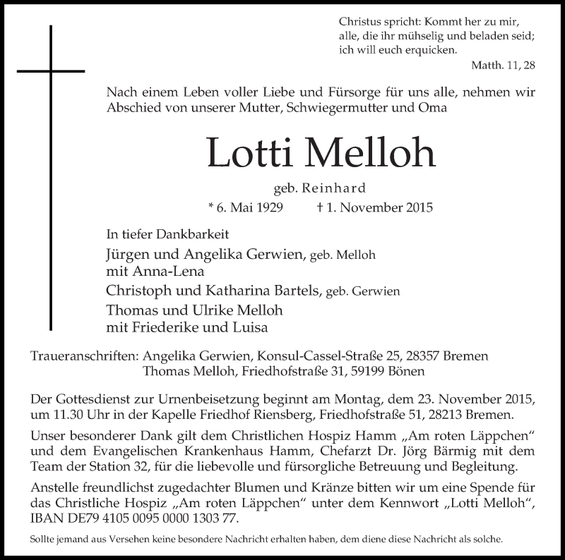 Traueranzeige von Lotti Melloh von WESER-KURIER