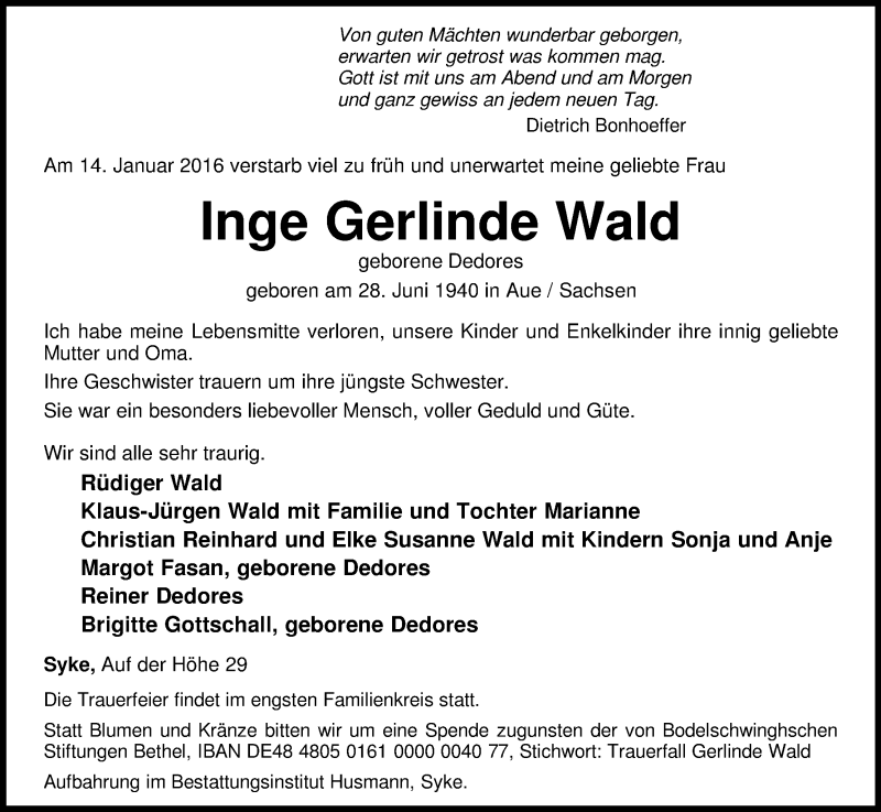  Traueranzeige für Inge Gerlinde Wald vom 19.01.2016 aus Regionale Rundschau/Syker Kurier