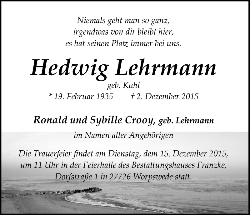 Traueranzeige von Hedwig Lehrmann von WESER-KURIER