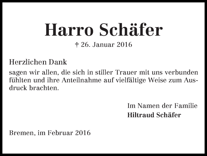 Traueranzeige von Harro Schäfer von WESER-KURIER