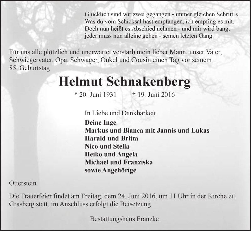 Traueranzeige von Helmut Schnakenberg von Wuemme Zeitung