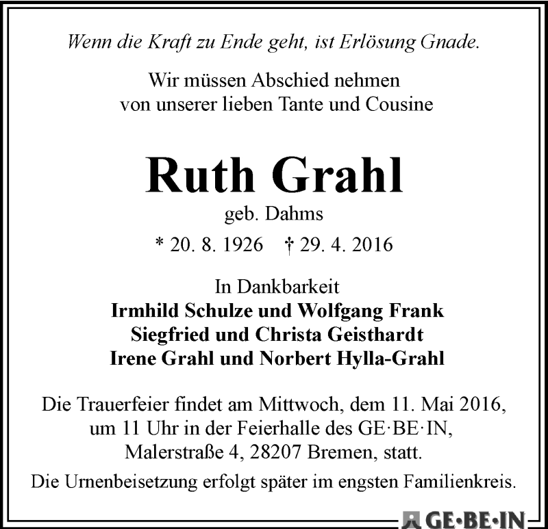 Traueranzeige von Ruth Grahl von WESER-KURIER