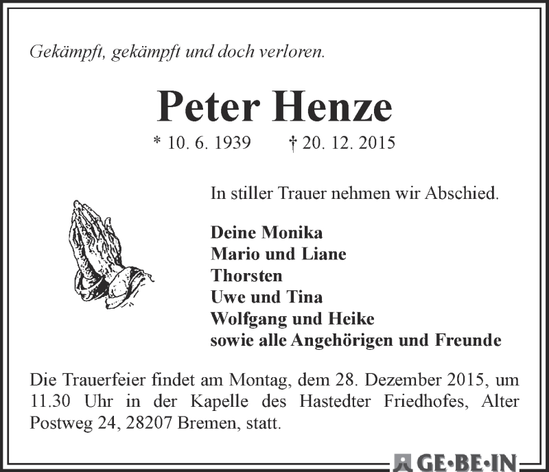 Traueranzeige von Peter Henze von WESER-KURIER