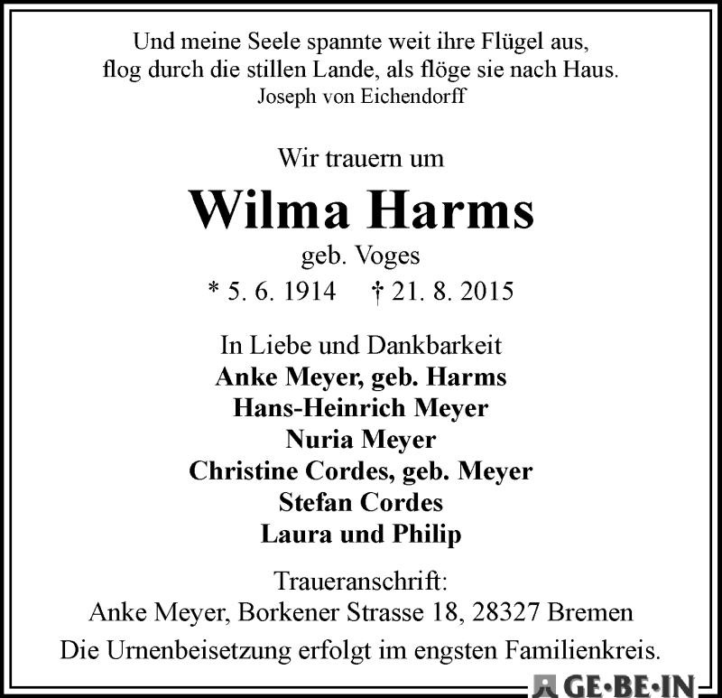 Traueranzeige von Wilma Harms von WESER-KURIER