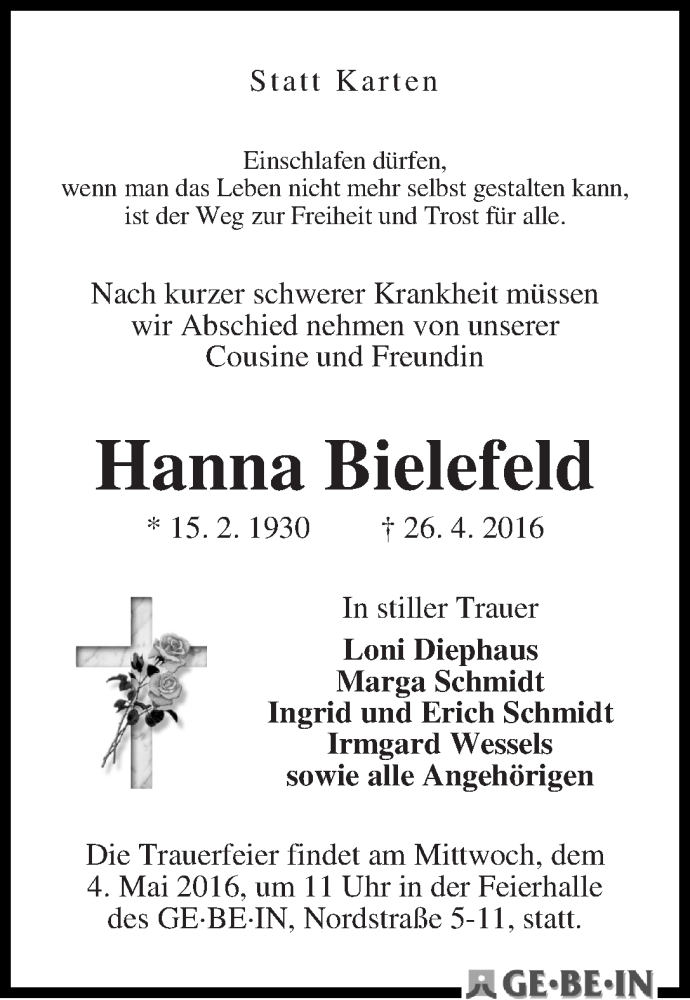 Traueranzeige von Hanna Bielefeld von WESER-KURIER