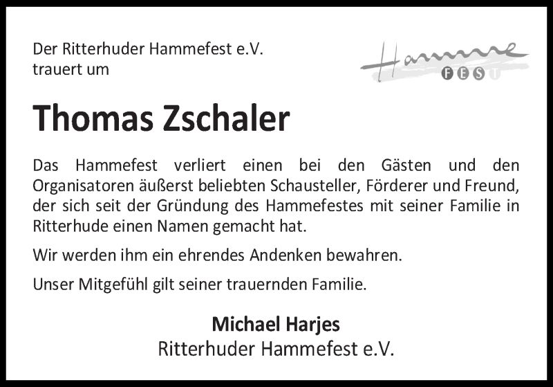  Traueranzeige für Thomas Zschaler vom 11.03.2015 aus Osterholzer Kreisblatt