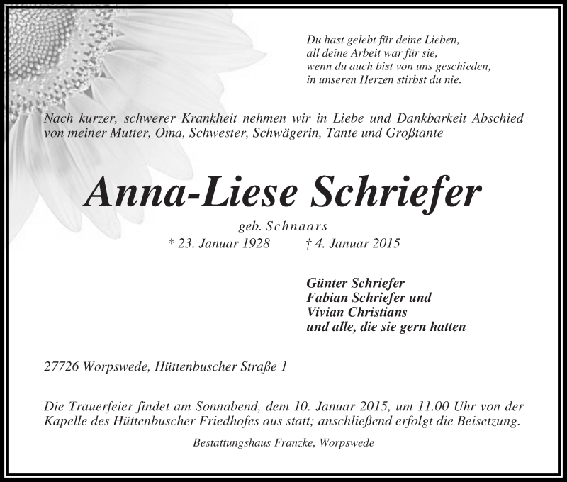 Traueranzeige von Anna-Liese Schriefer von Wuemme Zeitung