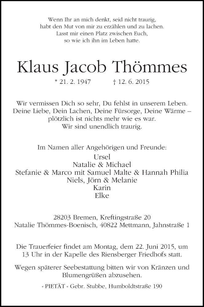 Traueranzeige von Klaus Jacob Thömmes von WESER-KURIER