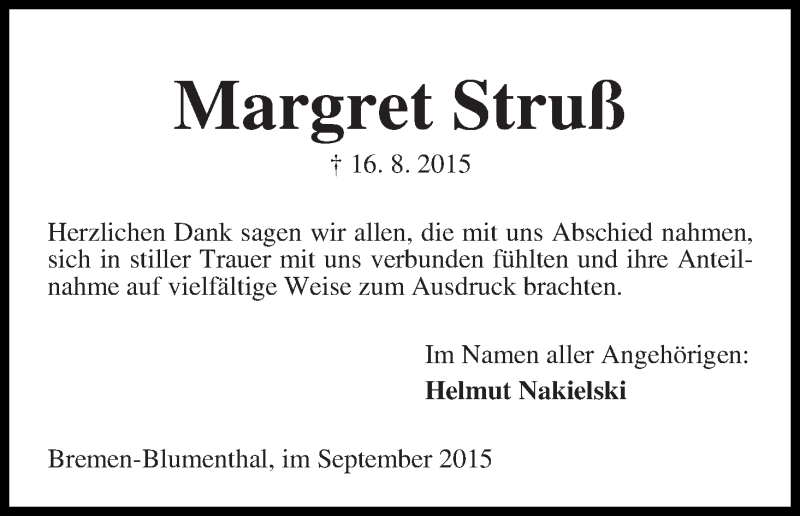 Traueranzeige von Margret Struß von Die Norddeutsche