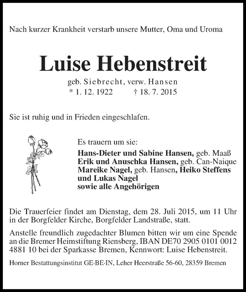 Traueranzeige von Luise Hebendtreit von WESER-KURIER