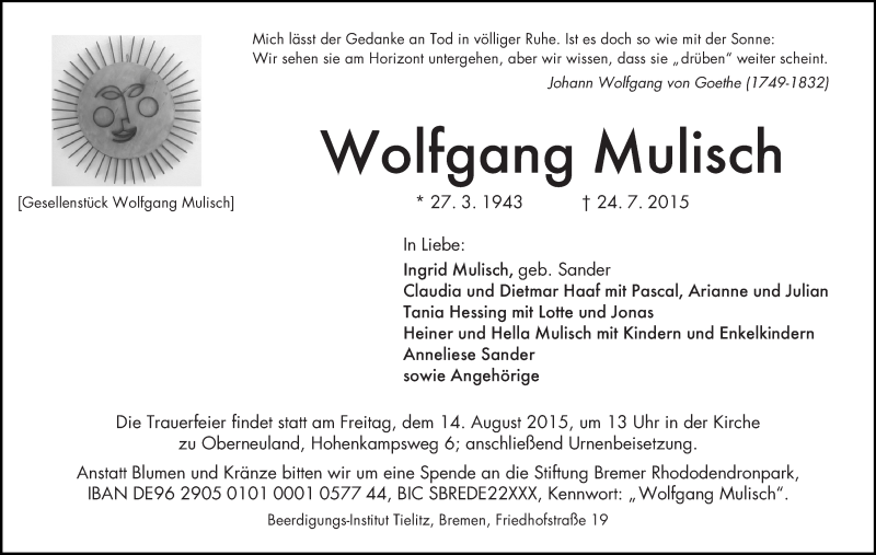 Traueranzeige von Wolfgang Mulisch von WESER-KURIER
