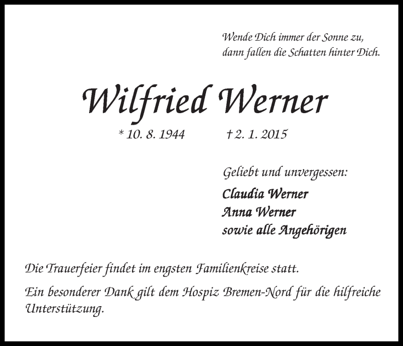 Traueranzeige von Wilfried Werner von Die Norddeutsche