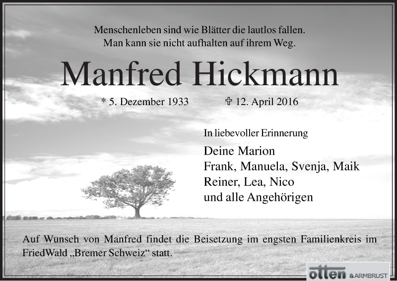 Traueranzeige von Manfred Hickmann von Osterholzer Kreisblatt