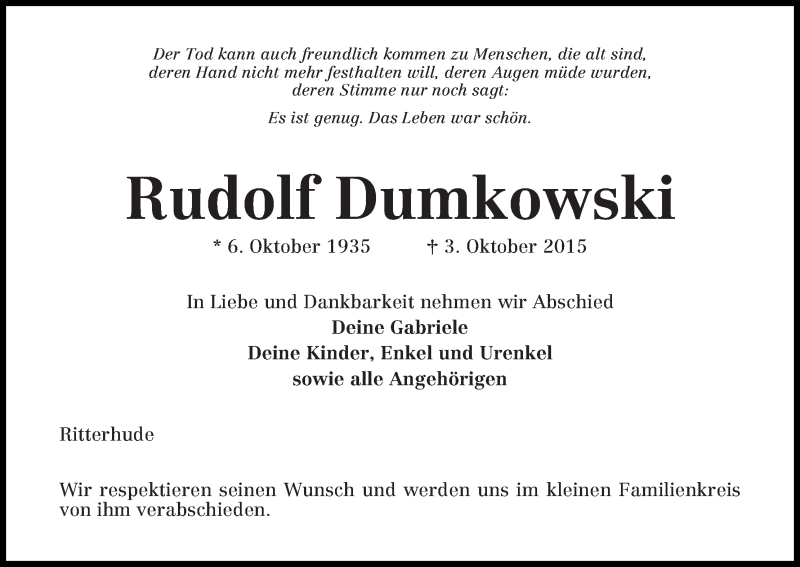  Traueranzeige für Rudolf Dumkowski vom 05.10.2015 aus Osterholzer Kreisblatt