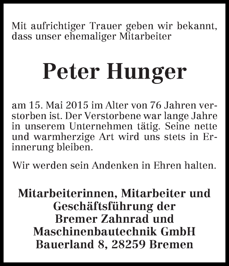  Traueranzeige für Peter Hunger vom 20.05.2015 aus WESER-KURIER