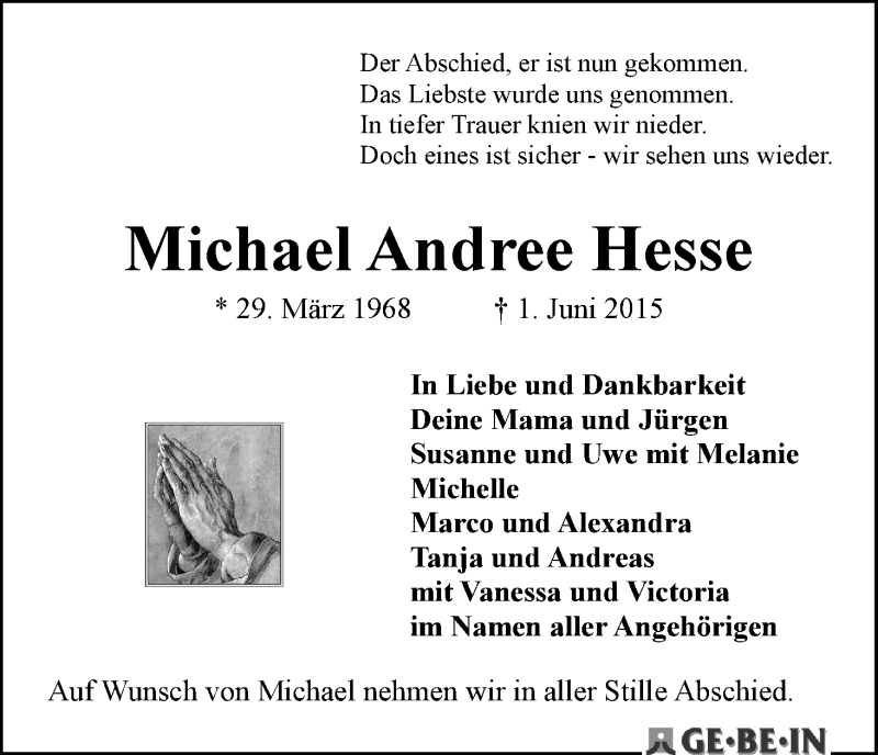  Traueranzeige für Michael Andree Hesse vom 06.06.2015 aus WESER-KURIER