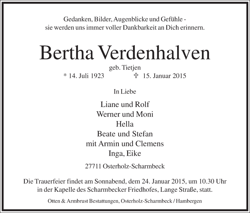 Traueranzeige von Bertha Verdenhalven von Osterholzer Kreisblatt