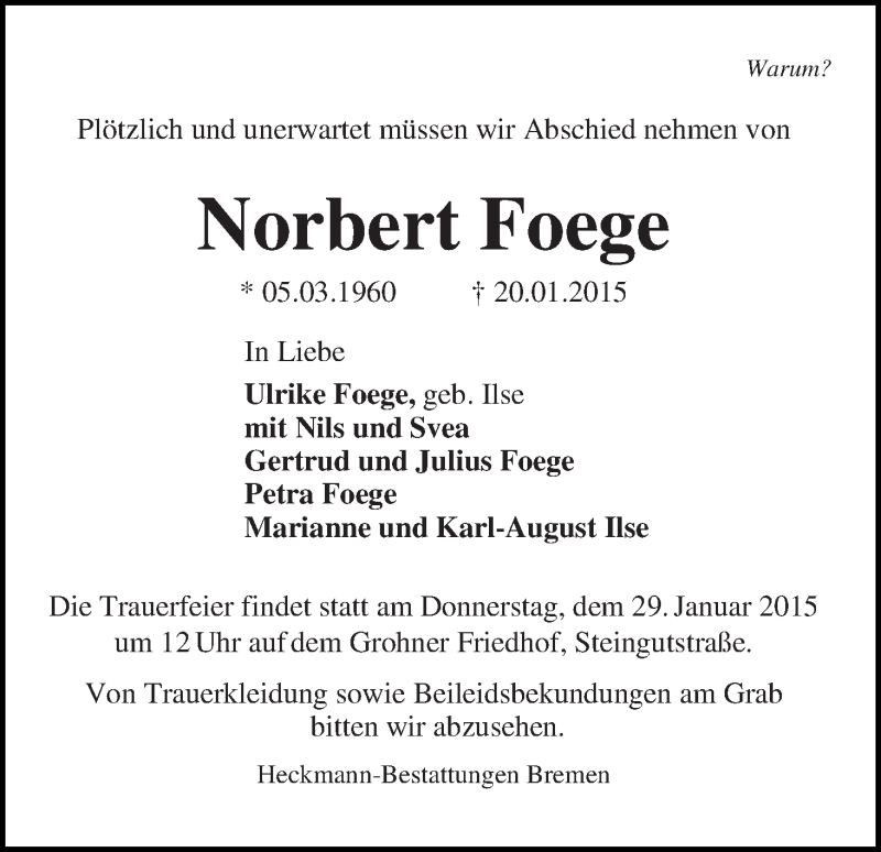 Traueranzeige von Norbert Foege von Die Norddeutsche