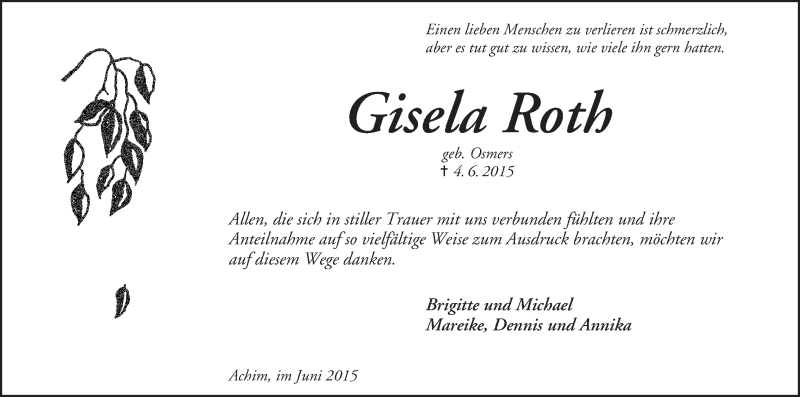 Traueranzeige von Gisela Roth von Achimer Kurier/Verdener Nachrichten