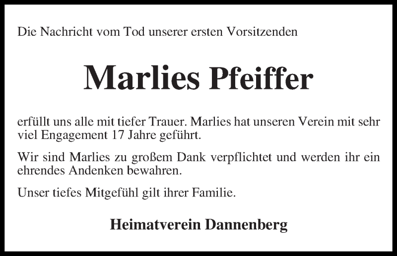 Traueranzeige von Marlies Pfeiffer von Wuemme Zeitung
