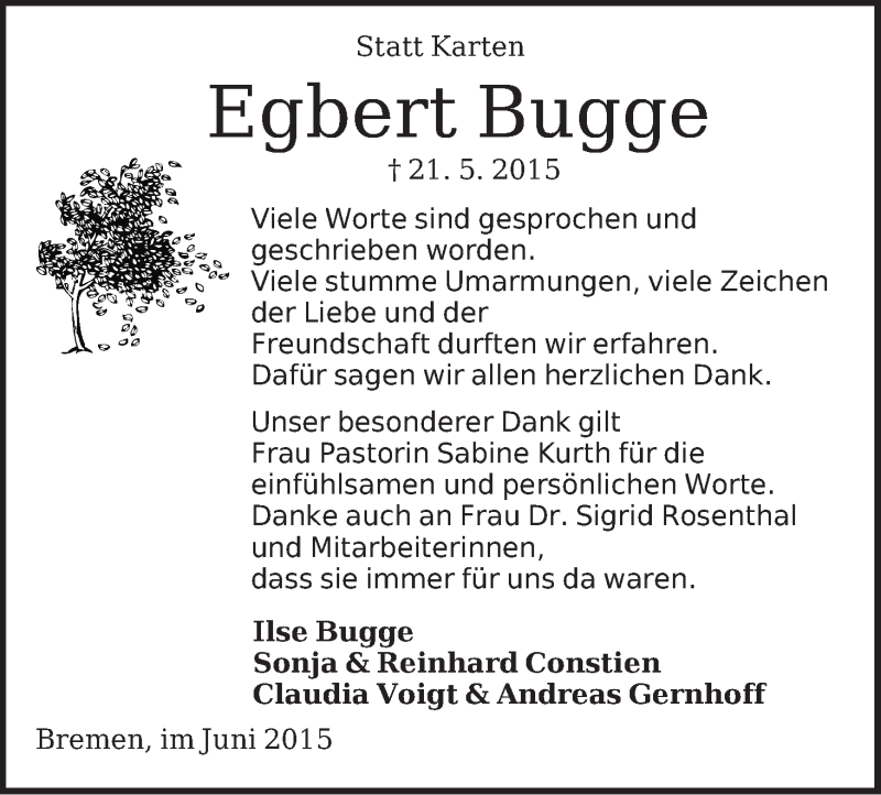 Traueranzeige von Egbert Bugge von WESER-KURIER