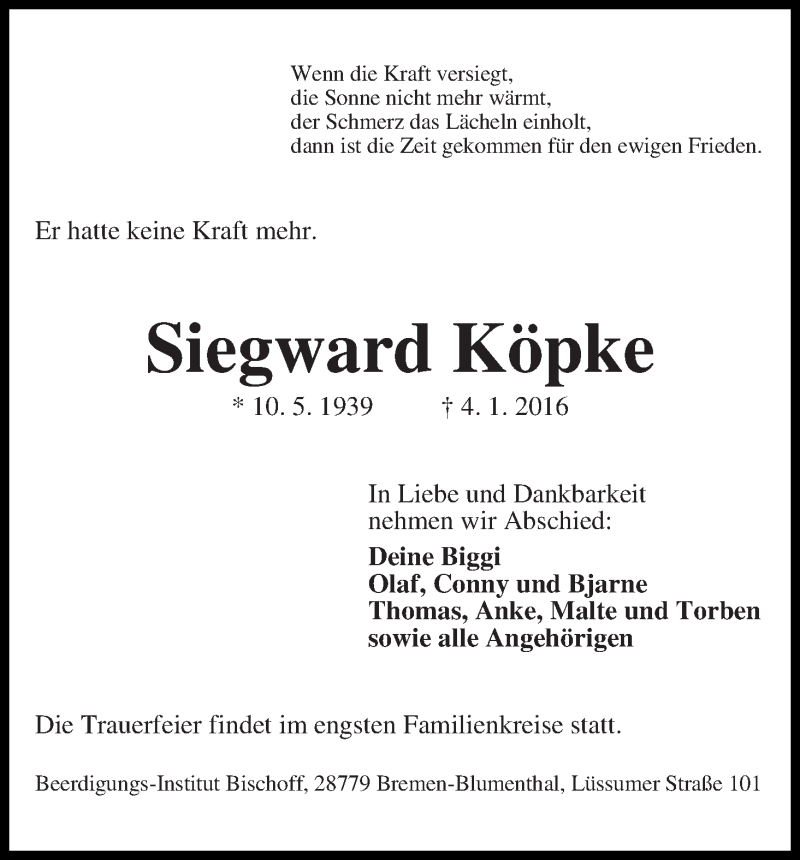 Traueranzeige von Siegward Köpke von Die Norddeutsche