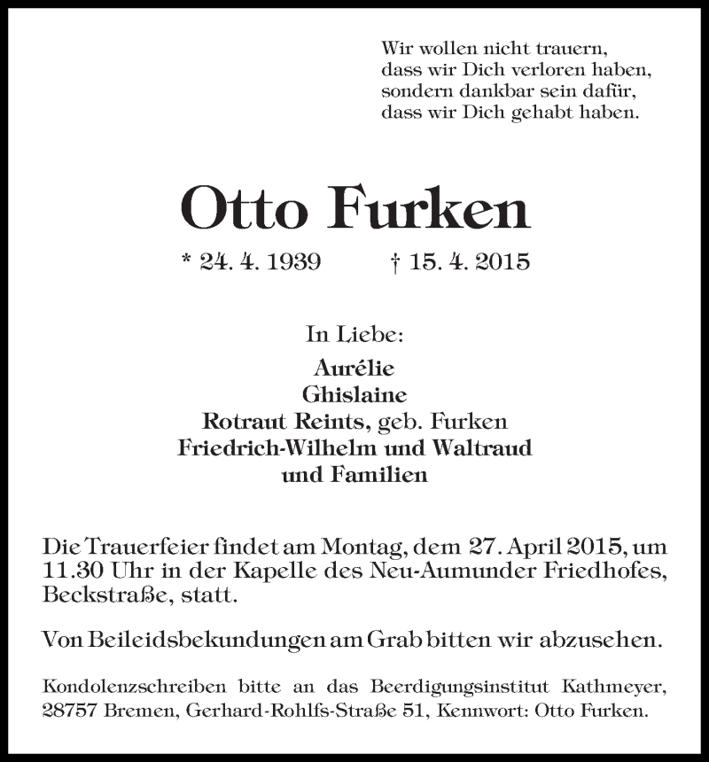 Traueranzeige von Otto Furken von Die Norddeutsche