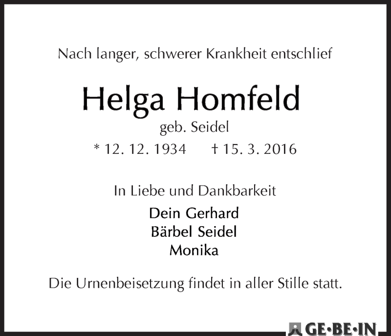 Traueranzeige von Helga Homfeld von WESER-KURIER