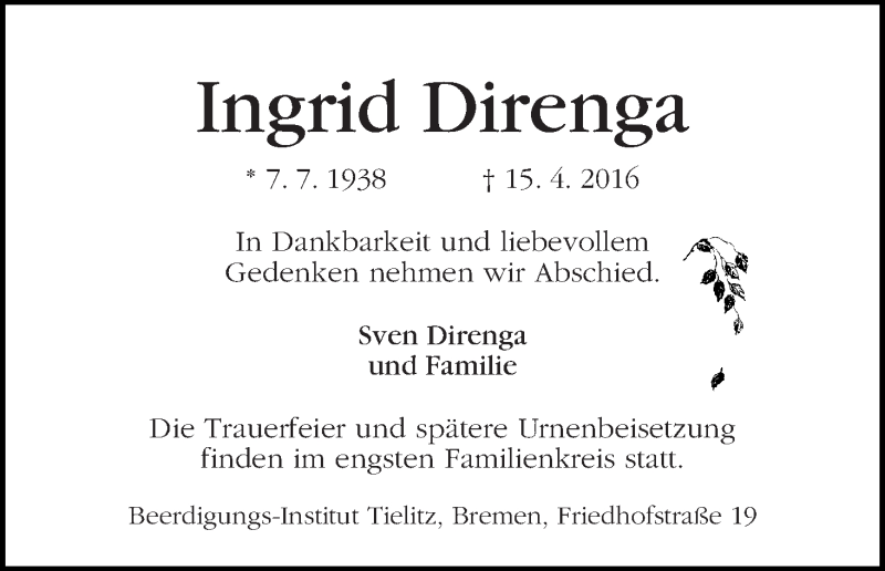 Traueranzeige von Ingrid Direnga von WESER-KURIER