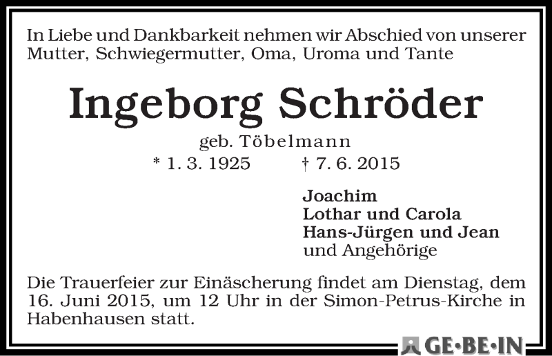 Traueranzeige von Ingeborg Schröder von WESER-KURIER
