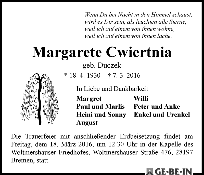Traueranzeige von Margarete Cwiertnia von WESER-KURIER