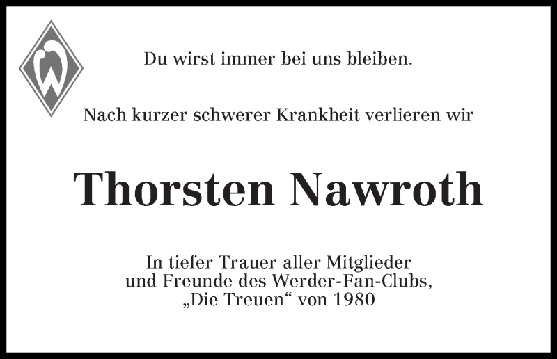 Traueranzeige von Thorsten Nawroth von Wuemme Zeitung