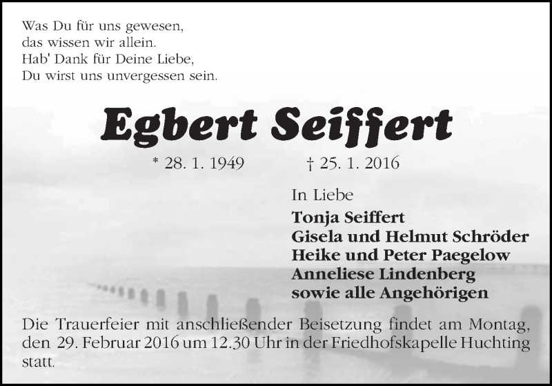  Traueranzeige für Egbert Seiffert vom 06.02.2016 aus WESER-KURIER