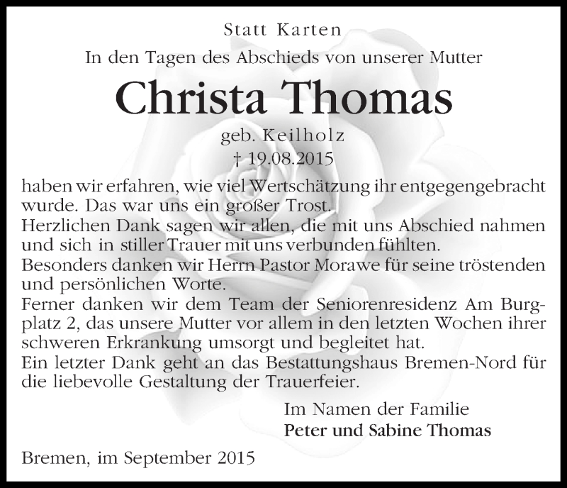  Traueranzeige für Christa Thomas vom 17.09.2015 aus WESER-KURIER