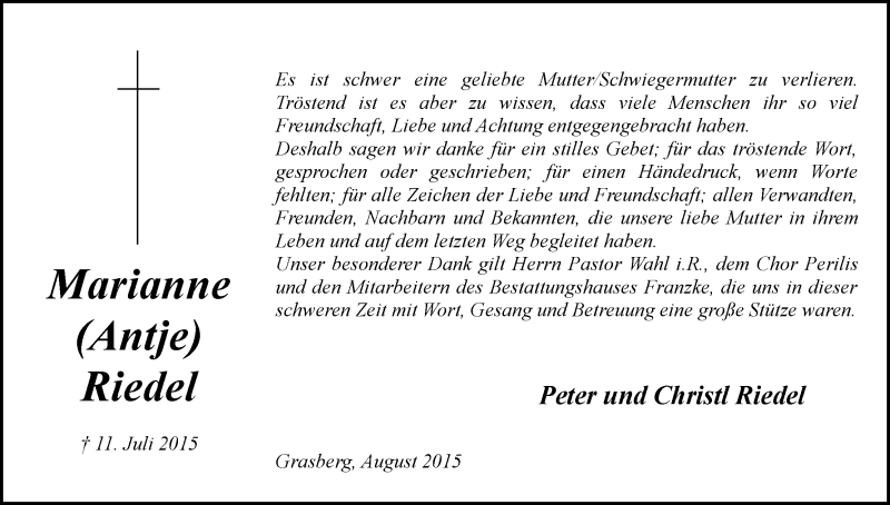 Traueranzeige von Marianne Riedel von Wuemme Zeitung