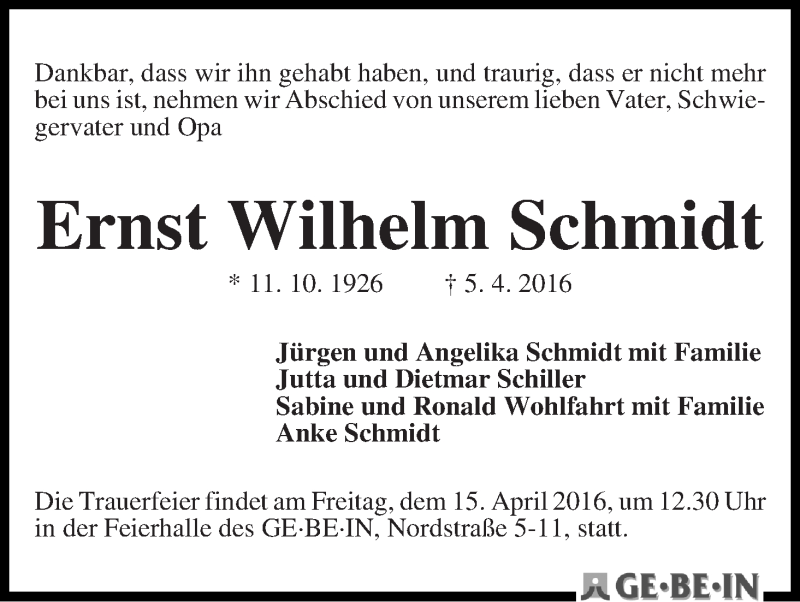 Traueranzeige von Ernst Wilhelm Schmidt von WESER-KURIER