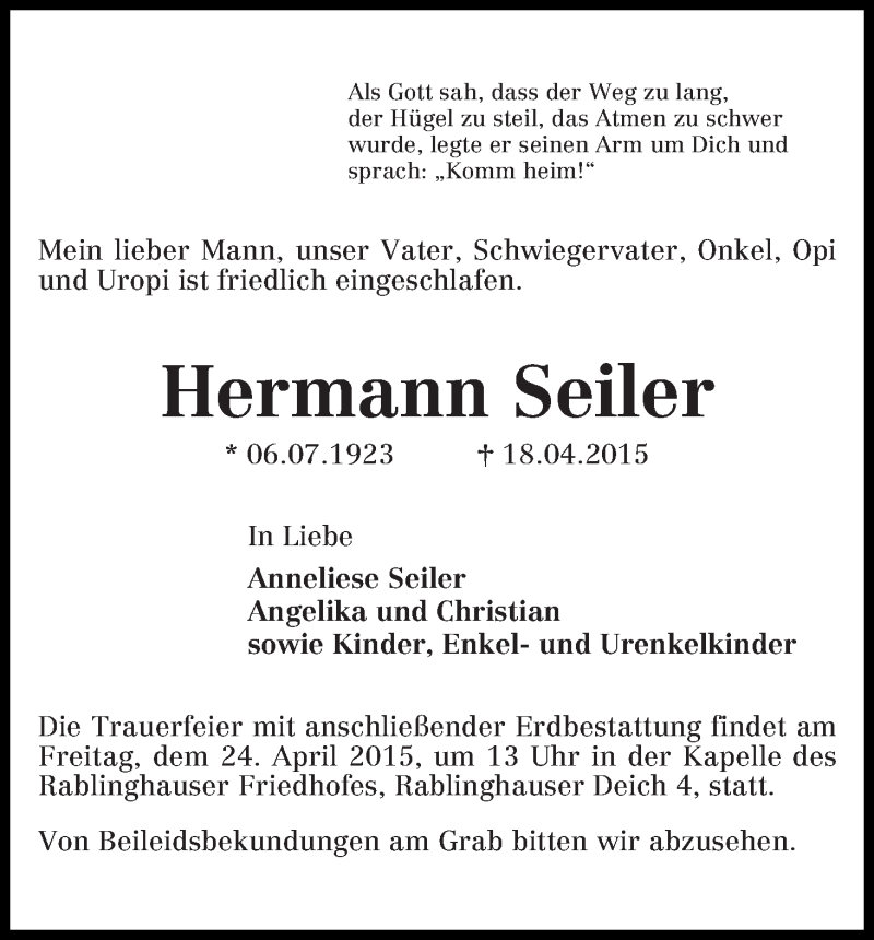 Traueranzeige von Hermann Seiler von WESER-KURIER