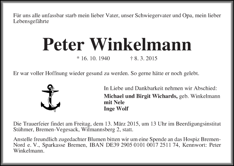 Traueranzeige von Peter Winkelmann von Die Norddeutsche