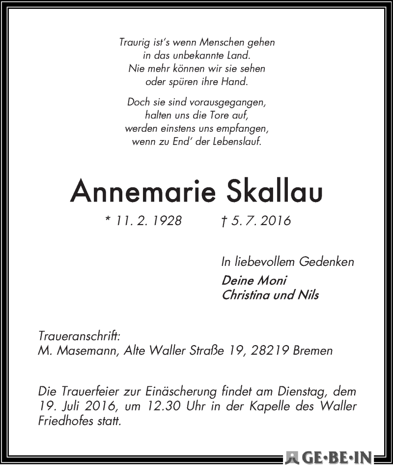 Traueranzeige von Annemarie Skallau von WESER-KURIER