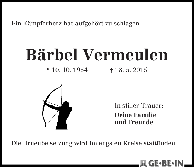 Traueranzeige von Bärbel Vermeulen von WESER-KURIER