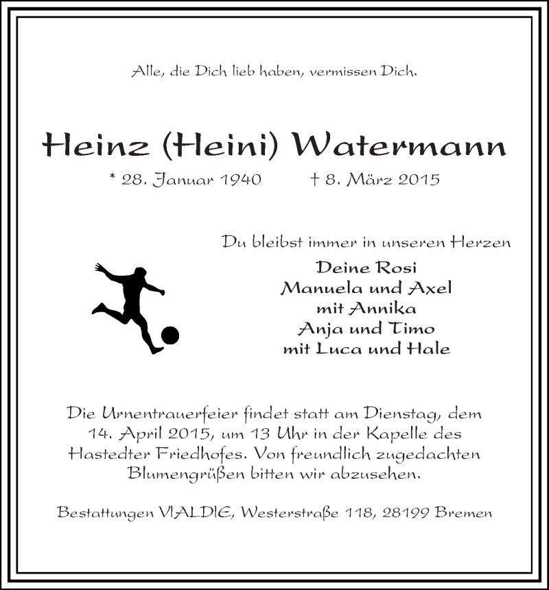 Traueranzeige von Heinz (Heini) Watermann von WESER-KURIER