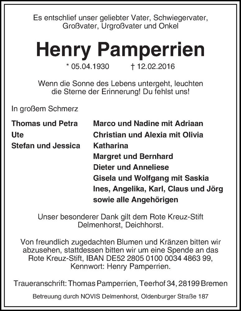  Traueranzeige für Henry Pamperrien vom 20.02.2016 aus WESER-KURIER