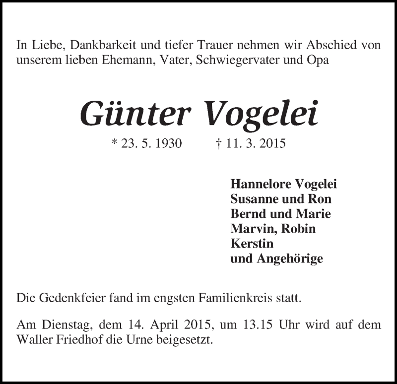 Traueranzeige von Günter Vogelei von WESER-KURIER