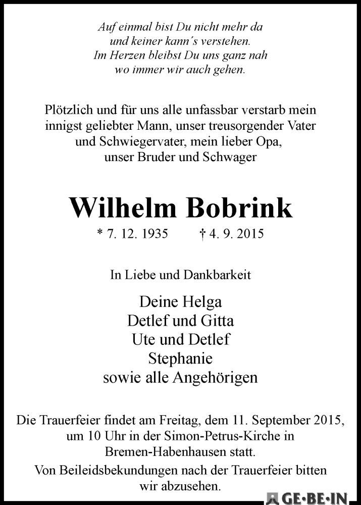 Traueranzeige von Wilhelm Bobrink von WESER-KURIER